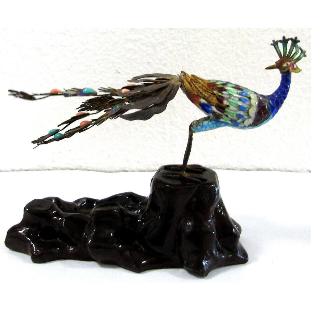 Antique Chinese Silver Gilt Cloisonne Jeweled Peacock Bird Sculpture 19th C. - Picture 6 of 16